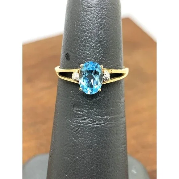 Blue Topaz Oval Cut Cocktail Women's Ring 10k Yellow Gold Estate Jewelry…